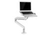 Height adjustable, articulating arm laptop mount with removable bracket for use with monitors. 