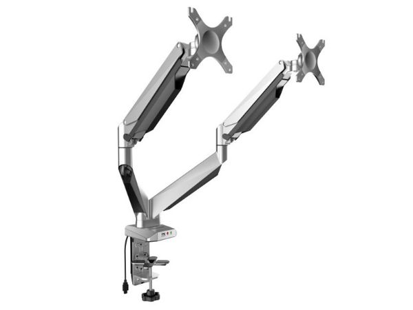 Two Monitor Desktop Mount with Articulating Height Adjustable Arms.