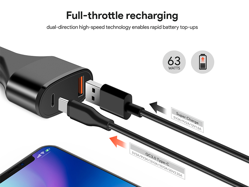 65W USB TypeC Laptop Car Charger via Cigarette Lighter, Output 5V 3A