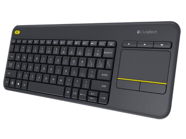 Media friendly keyboard with touchpad for use with a computer or laptop connected to a TV.