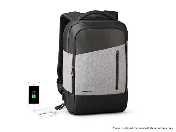 15.6" Water Resistant Laptop Back with USB Charging port and smartphone suction on straps.