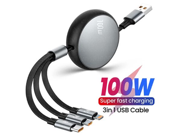 3 in 1 USB Retractable Charing cable for charging iPhone, Android and USB-C Devices